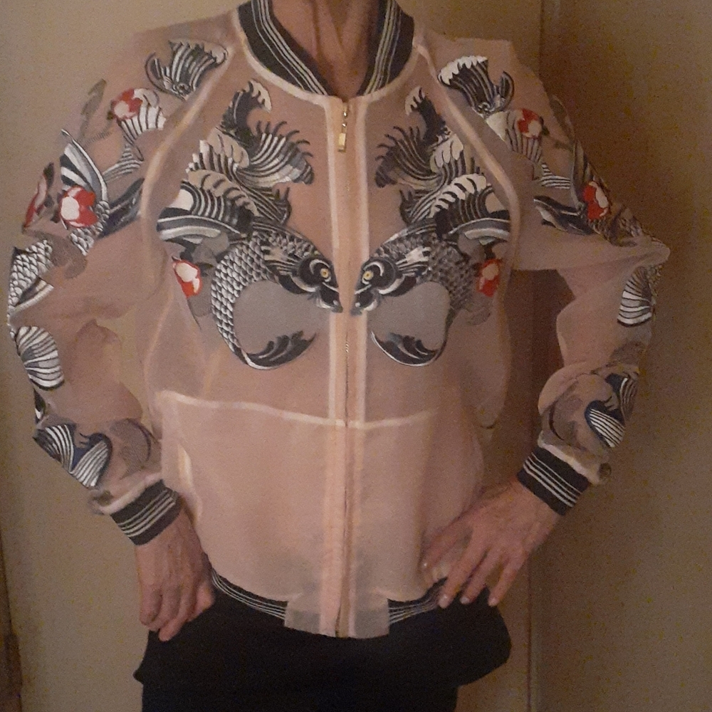 Pink translucent jacket with lucky fish embroidere